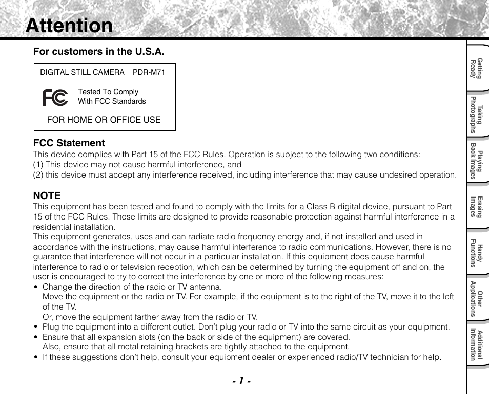 Attention | Toshiba PDR-M71 User Manual | Page 3 / 140
