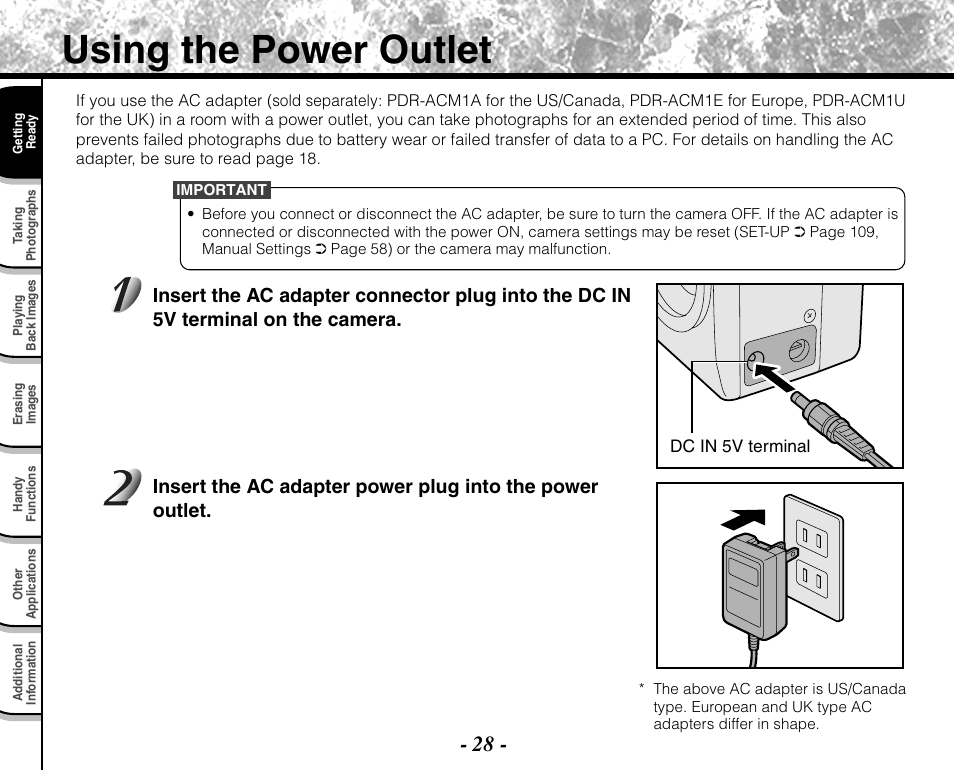 Using the power outlet | Toshiba PDR-M71 User Manual | Page 30 / 140