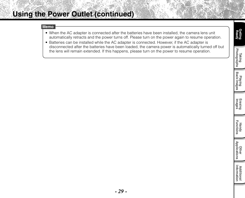 Using the power outlet (continued) | Toshiba PDR-M71 User Manual | Page 31 / 140