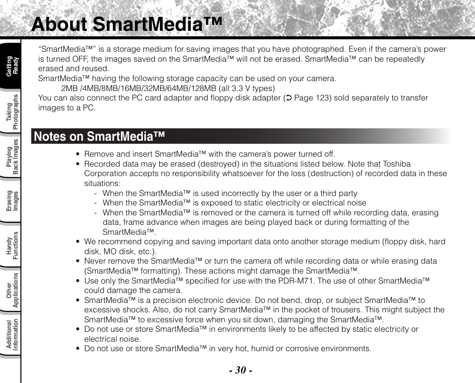 About smartmedia | Toshiba PDR-M71 User Manual | Page 32 / 140