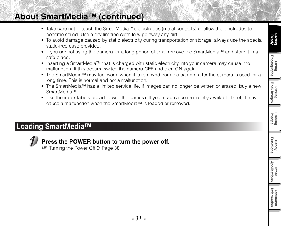 About smartmedia™ (continued), Loading smartmedia, Press the power button to turn the power off | Toshiba PDR-M71 User Manual | Page 33 / 140