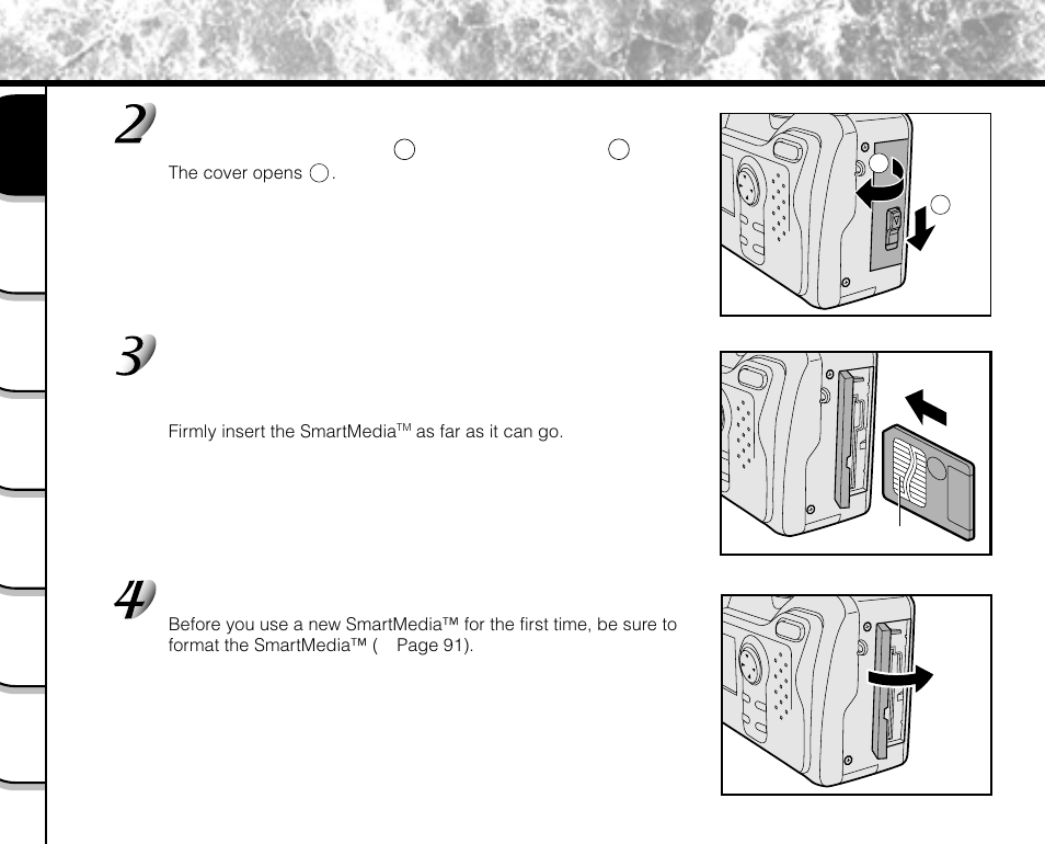 About smartmedia™ (continued), Slide the smartmedia, Cover release knob in the direction of the arrow | Close the smartmedia™ cover | Toshiba PDR-M71 User Manual | Page 34 / 140