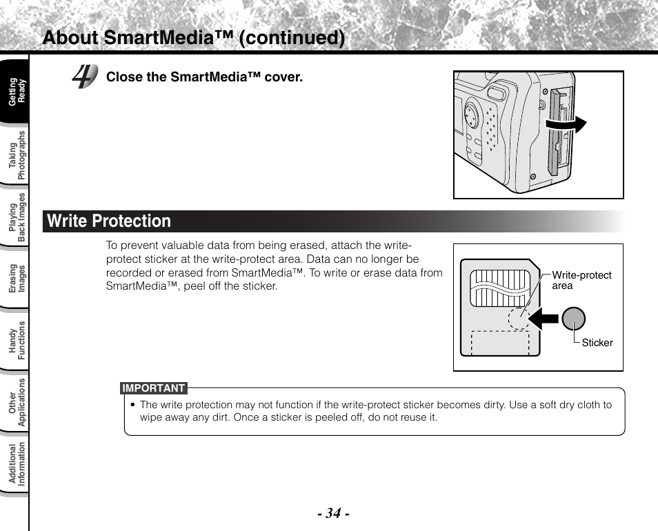 About smartmedia™ (continued), Write protection, Close the smartmedia™ cover | Toshiba PDR-M71 User Manual | Page 36 / 140