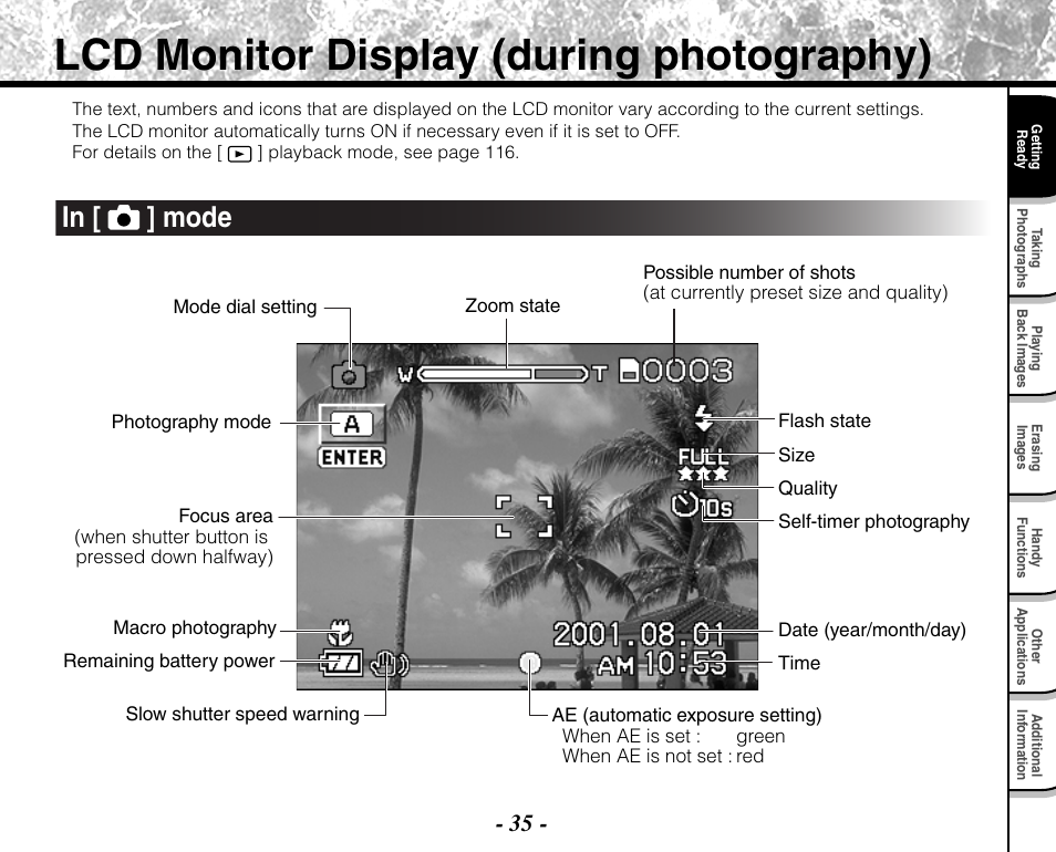 Lcd monitor display (during photography) | Toshiba PDR-M71 User Manual | Page 37 / 140