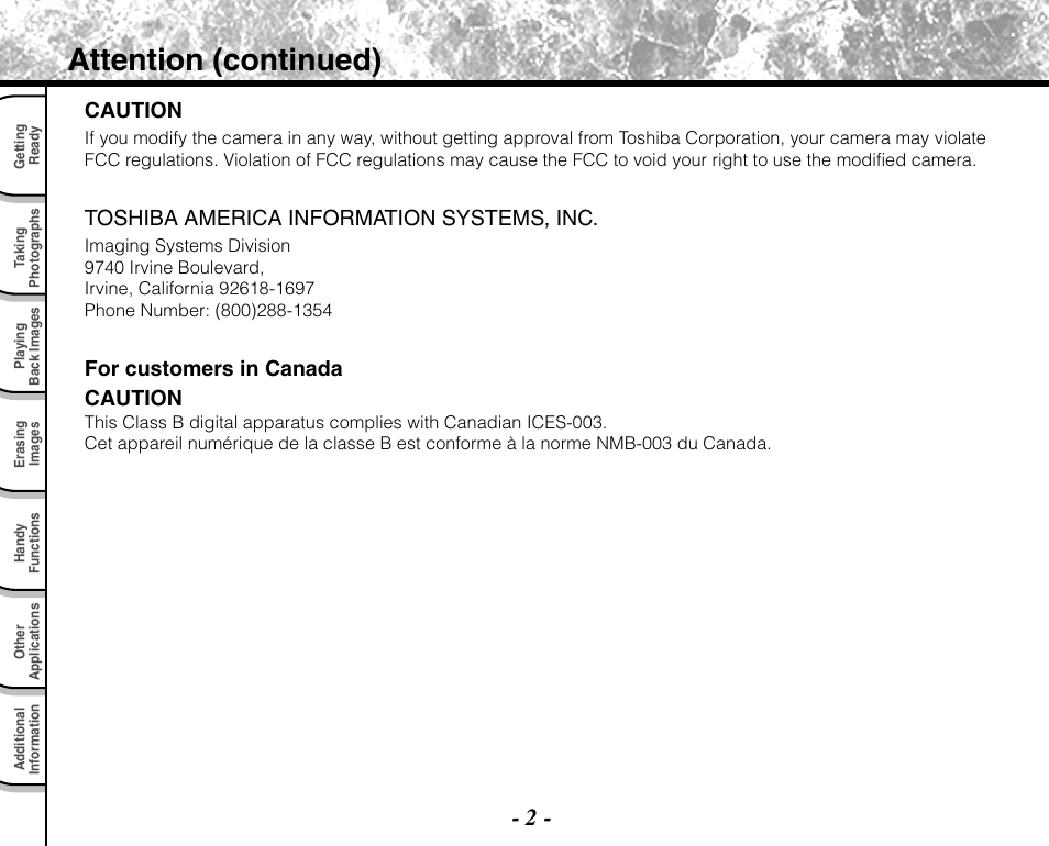 Attention (continued), Caution, Toshiba america information systems, inc | For customers in canada caution | Toshiba PDR-M71 User Manual | Page 4 / 140