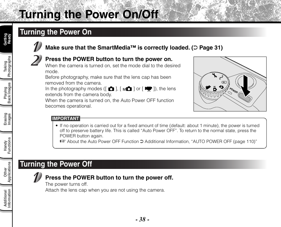 Turning the power on/off, Turning the power on, Turning the power off | Press the power button to turn the power off | Toshiba PDR-M71 User Manual | Page 40 / 140