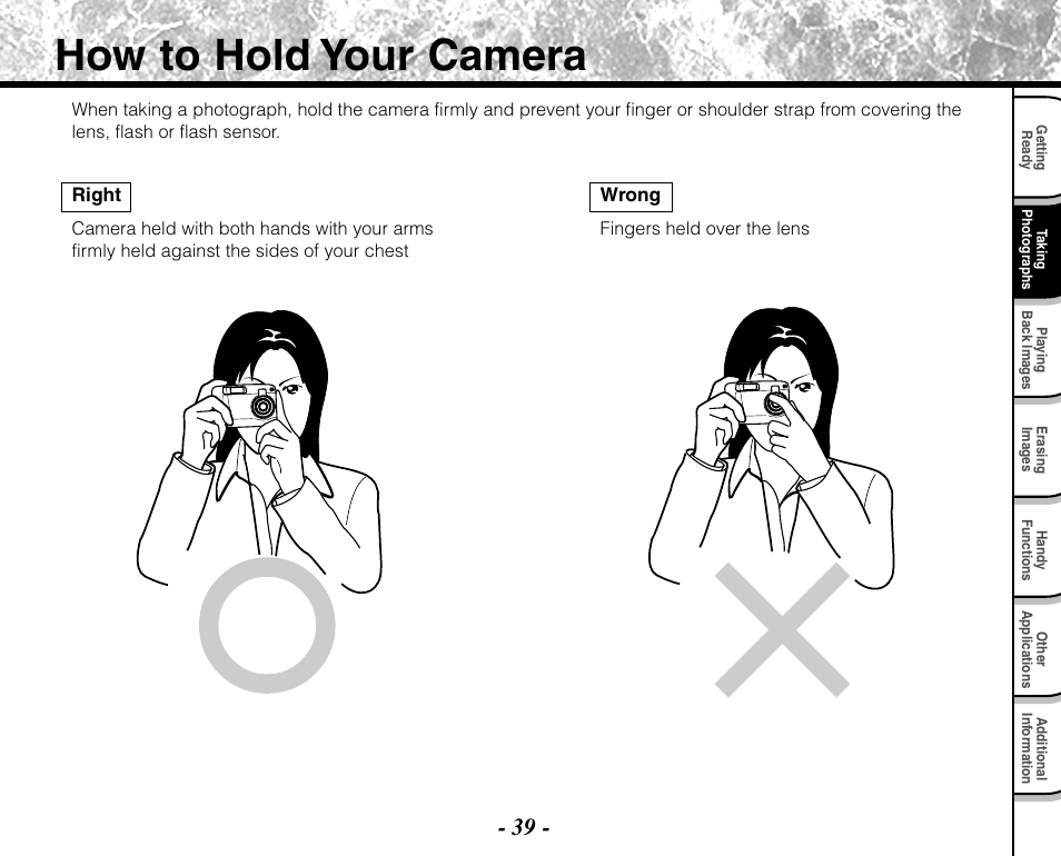 How to hold your camera | Toshiba PDR-M71 User Manual | Page 41 / 140