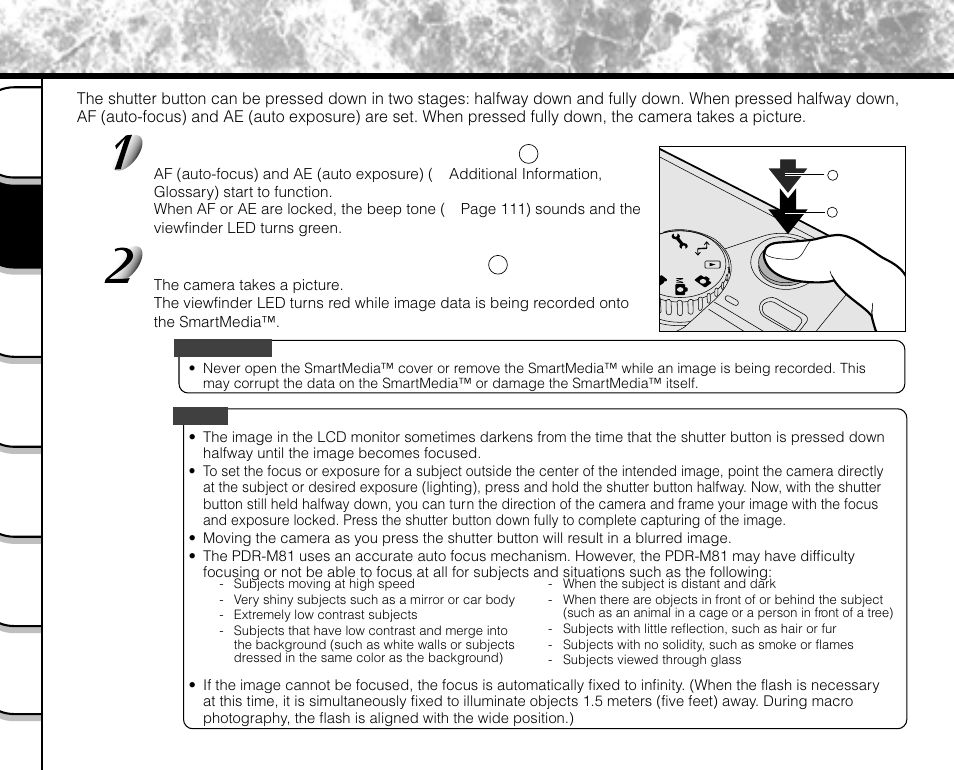 How to press the shutter button, Press the shutter button down halfway, Press the shutter button down fully | Toshiba PDR-M71 User Manual | Page 42 / 140