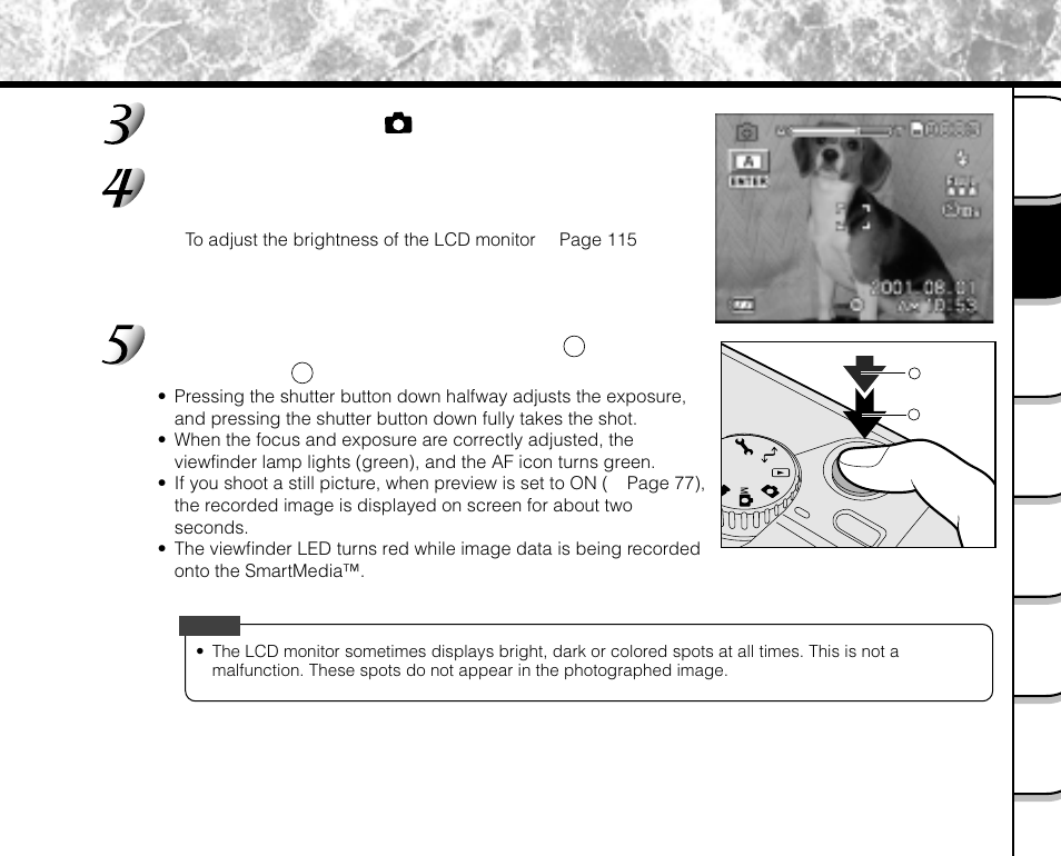 Photography (auto photography) (continued), Press the shutter button down halfway, And press it down fully | Toshiba PDR-M71 User Manual | Page 45 / 140