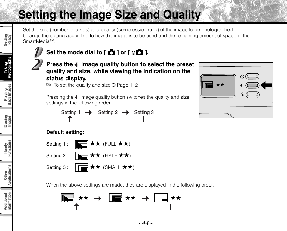 Setting the image size and quality | Toshiba PDR-M71 User Manual | Page 46 / 140