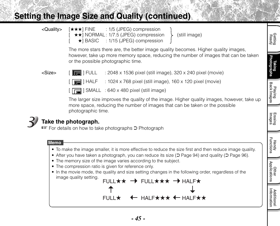 Setting the image size and quality (continued) | Toshiba PDR-M71 User Manual | Page 47 / 140