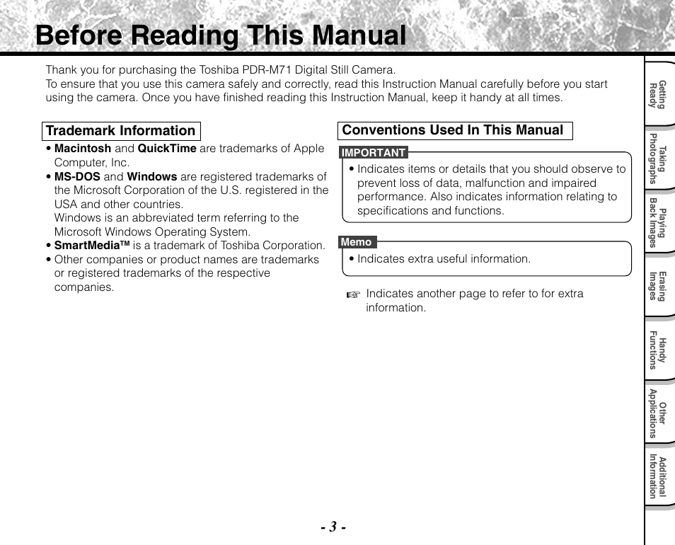 Before reading this manual | Toshiba PDR-M71 User Manual | Page 5 / 140