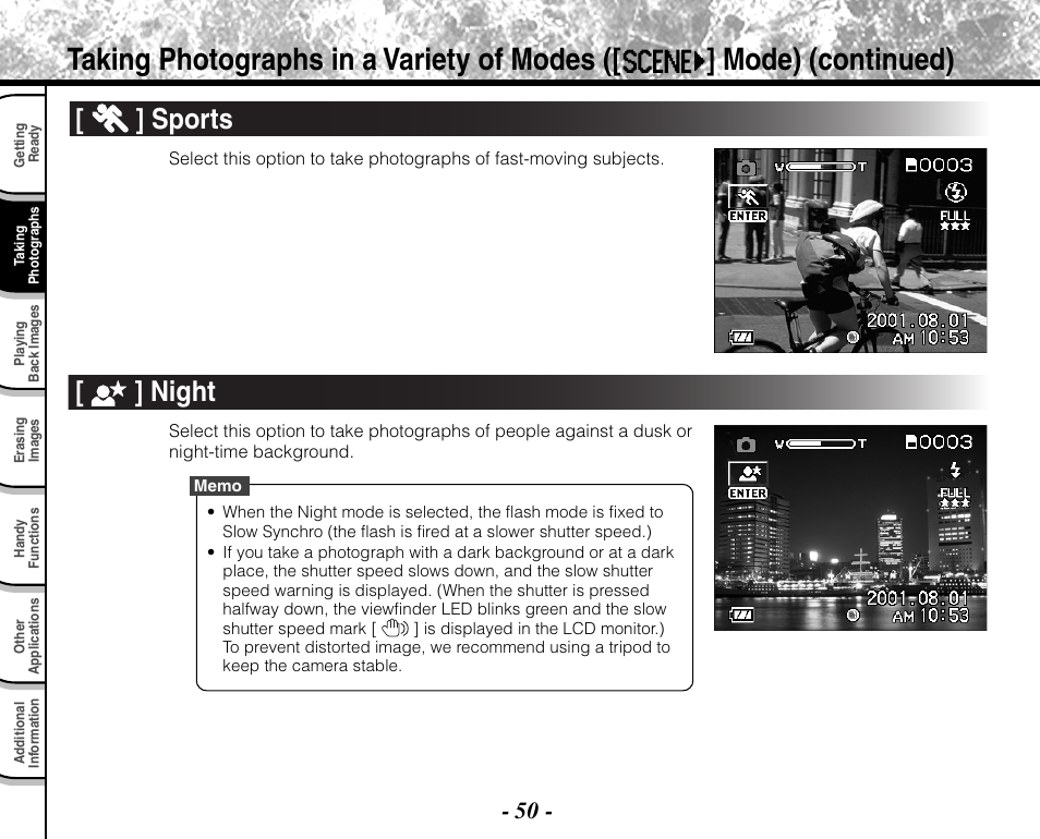 Sports, Night | Toshiba PDR-M71 User Manual | Page 52 / 140