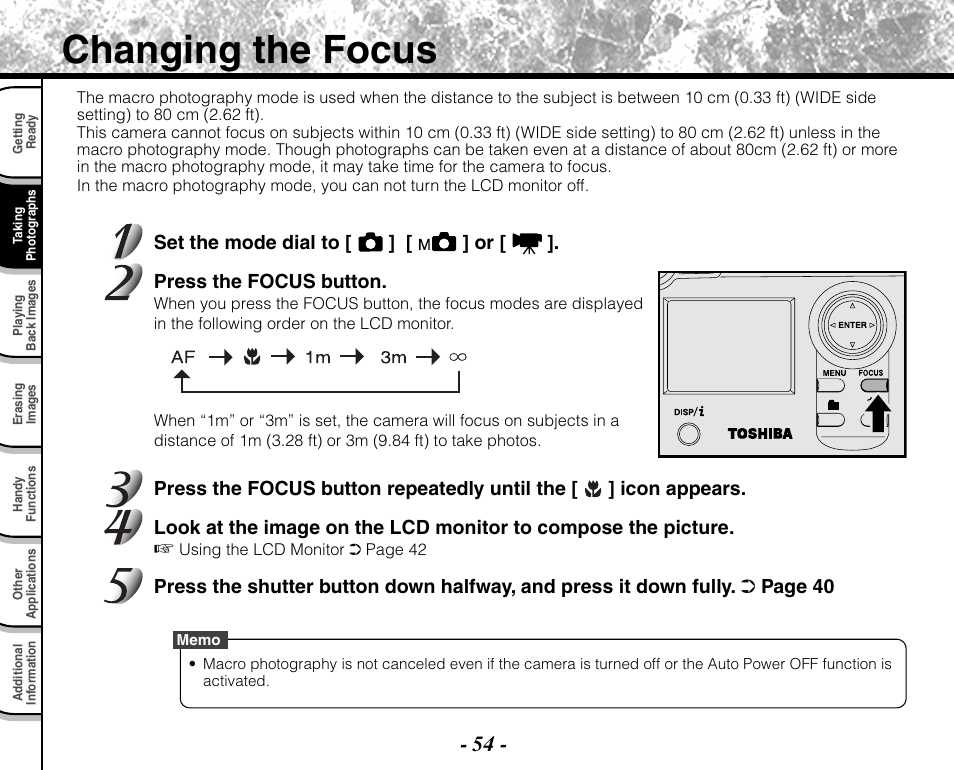 Changing the focus | Toshiba PDR-M71 User Manual | Page 56 / 140