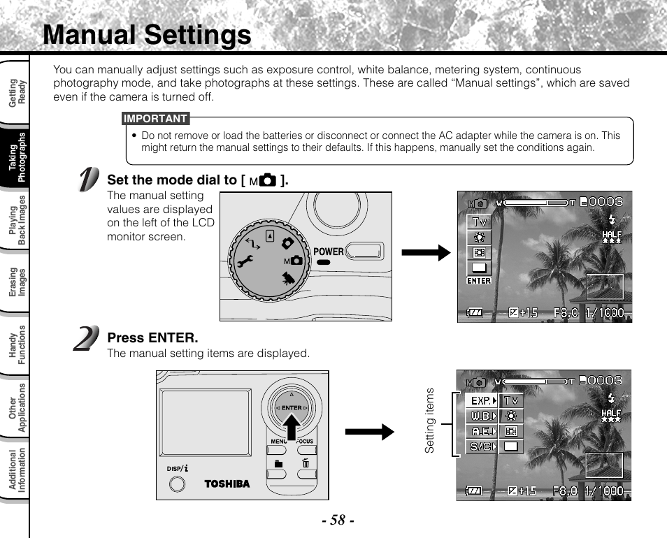 Manual settings, Set the mode dial to, Press enter | Toshiba PDR-M71 User Manual | Page 60 / 140