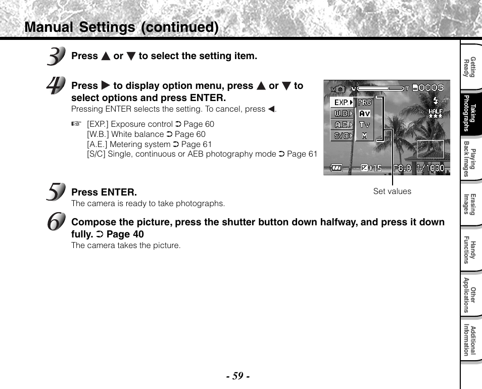 Manual settings (continued) | Toshiba PDR-M71 User Manual | Page 61 / 140