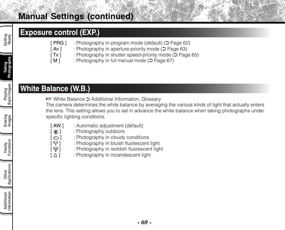 Manual settings (continued), Exposure control (exp.), White balance (w.b.) | Toshiba PDR-M71 User Manual | Page 62 / 140