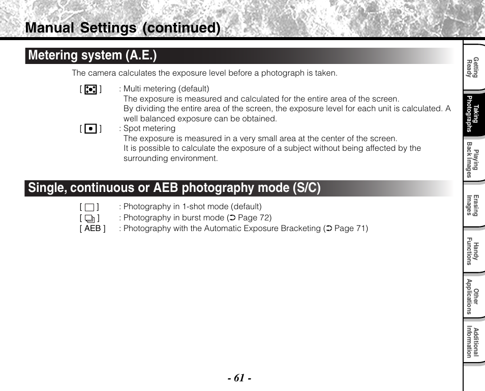 Manual settings (continued), Metering system (a.e.), Single, continuous or aeb photography mode (s/c) | Toshiba PDR-M71 User Manual | Page 63 / 140