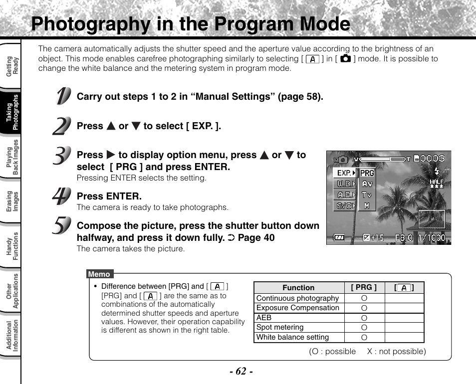 Photography in the program mode | Toshiba PDR-M71 User Manual | Page 64 / 140