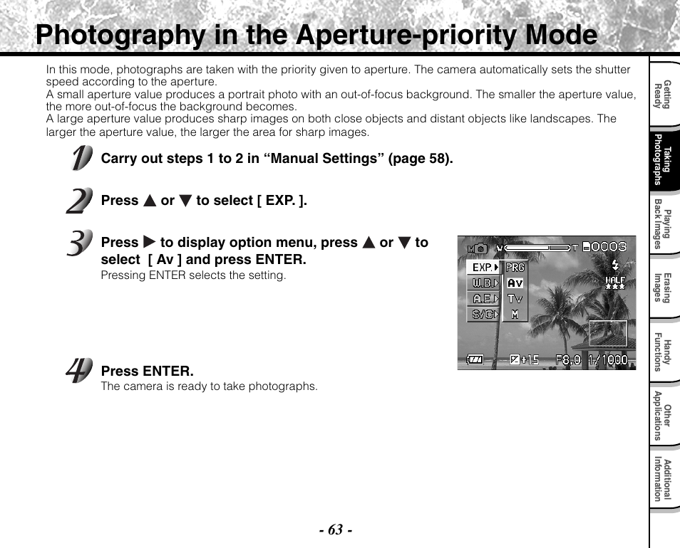 Photography in the aperture-priority mode | Toshiba PDR-M71 User Manual | Page 65 / 140