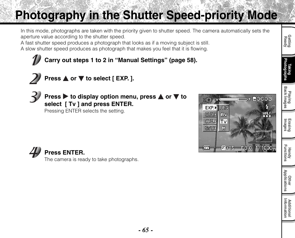 Photography in the shutter speed-priority mode | Toshiba PDR-M71 User Manual | Page 67 / 140