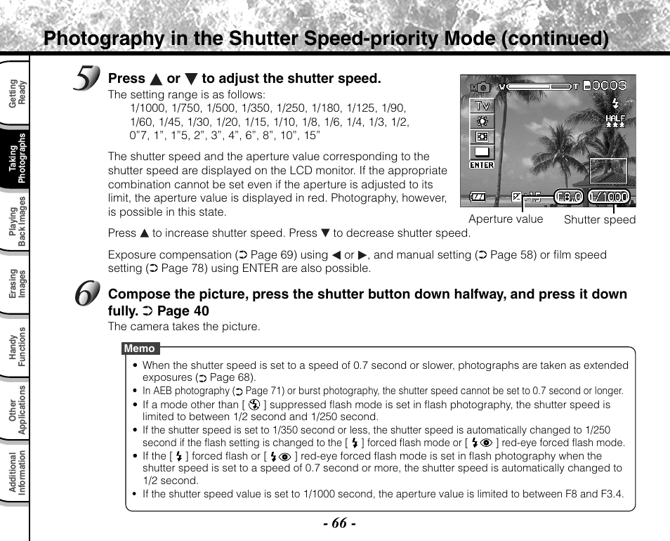 Press or to adjust the shutter speed | Toshiba PDR-M71 User Manual | Page 68 / 140