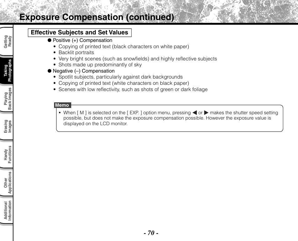 Exposure compensation (continued), Effective subjects and set values | Toshiba PDR-M71 User Manual | Page 72 / 140