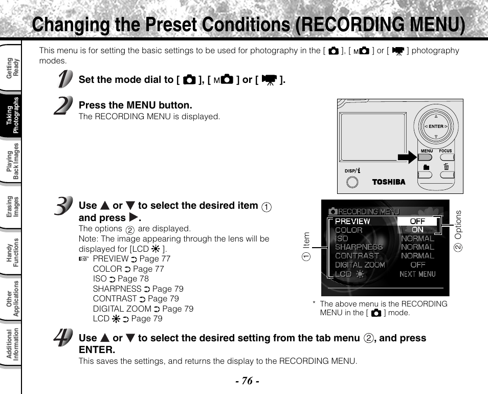 Changing the preset conditions (recording menu) | Toshiba PDR-M71 User Manual | Page 78 / 140