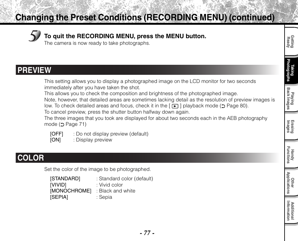 Preview, Color | Toshiba PDR-M71 User Manual | Page 79 / 140