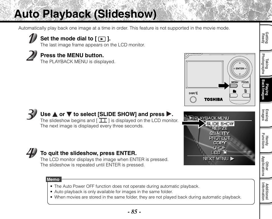 Auto playback (slideshow), Set the mode dial to, Press the menu button | Use or to select [slide show] and press | Toshiba PDR-M71 User Manual | Page 87 / 140