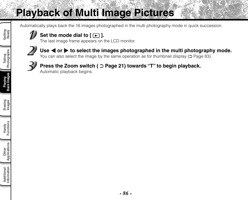 Playback of multi image pictures, Set the mode dial to | Toshiba PDR-M71 User Manual | Page 88 / 140