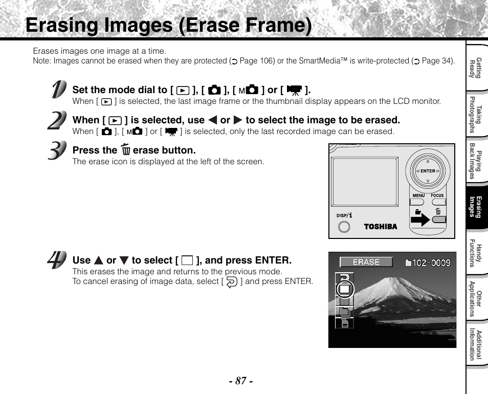 Erasing images (erase frame) | Toshiba PDR-M71 User Manual | Page 89 / 140