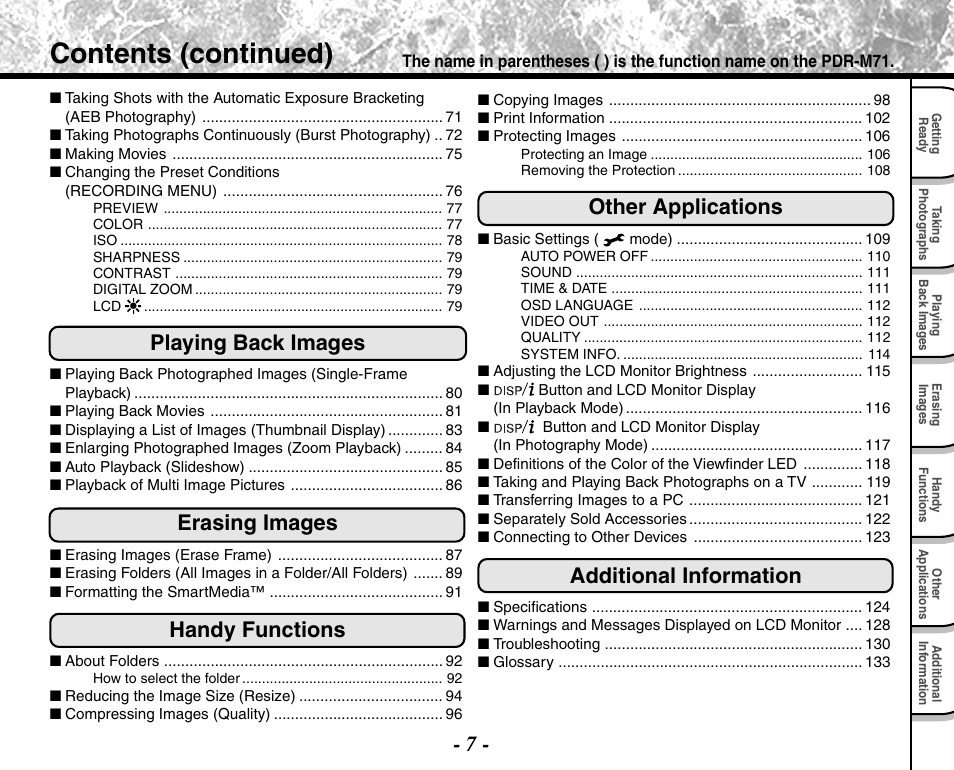 Contents (continued), Playing back images, Erasing images | Handy functions, Other applications, Additional information | Toshiba PDR-M71 User Manual | Page 9 / 140