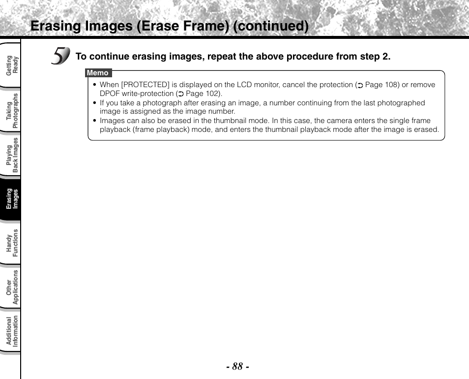 Erasing images (erase frame) (continued) | Toshiba PDR-M71 User Manual | Page 90 / 140