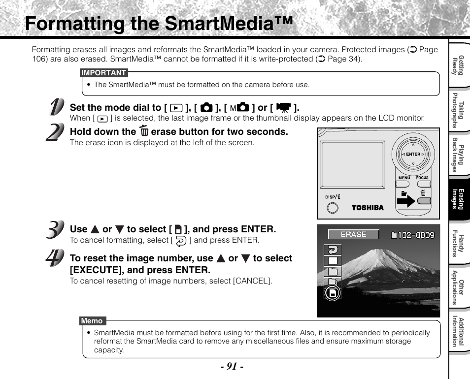 Formatting the smartmedia | Toshiba PDR-M71 User Manual | Page 93 / 140