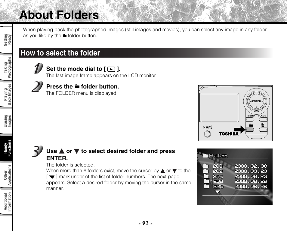 About folders, How to select the folder | Toshiba PDR-M71 User Manual | Page 94 / 140