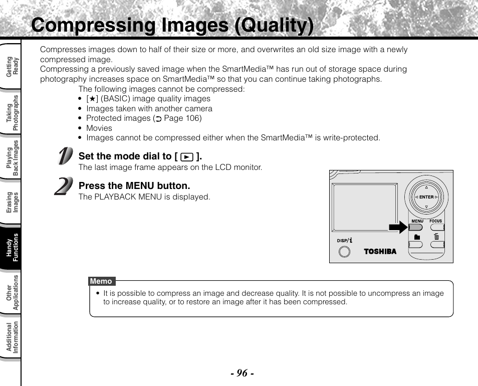 Compressing images (quality) | Toshiba PDR-M71 User Manual | Page 98 / 140