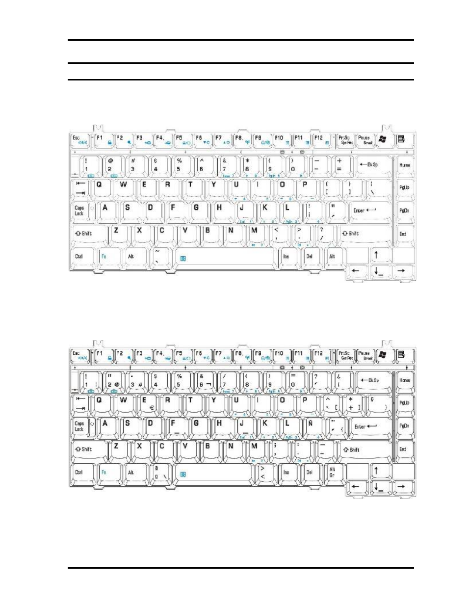 Appendix e - key layout, E.1 united states (us) keyboard, E.2 spanish (sp) keyboard | Appendix e key layout | Toshiba M40 User Manual | Page 248 / 262