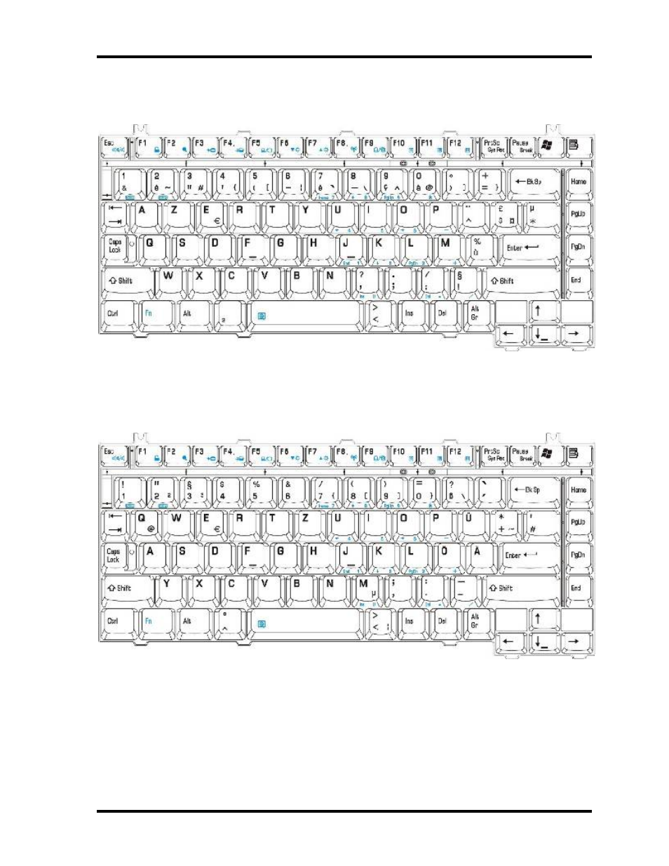 E.5 french (fr) keyboard, E.6 german (gr) keyboard | Toshiba M40 User Manual | Page 250 / 262