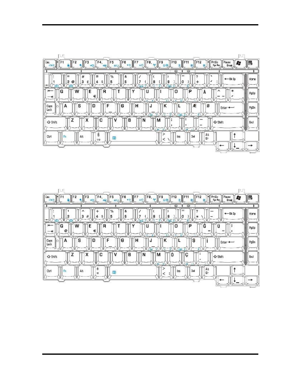 E.17 danish (dk) keyboard, E.18 turkey (tr) keyboard | Toshiba M40 User Manual | Page 256 / 262