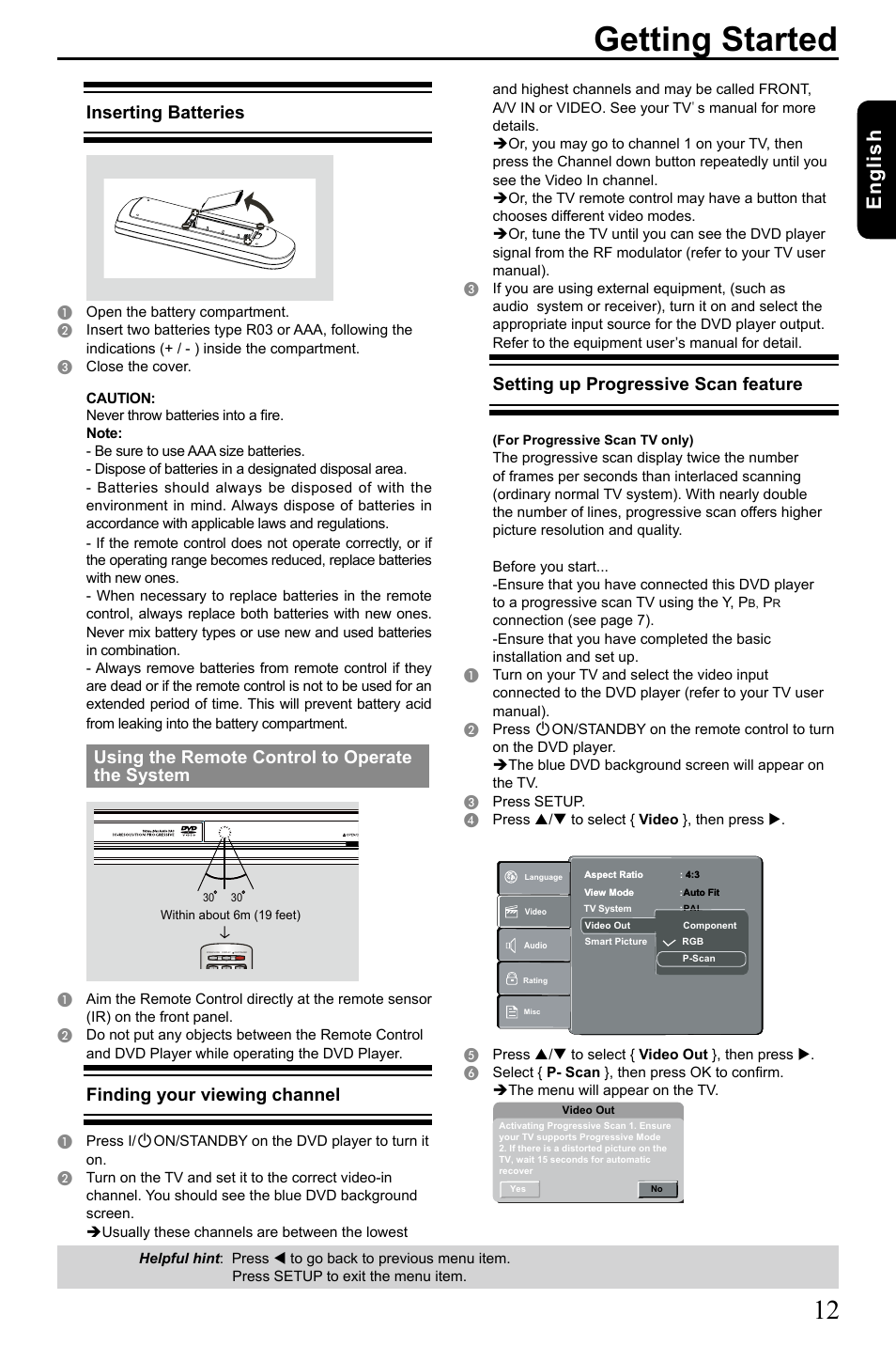 Getting started, Eng lis h, Inserting batteries | Using the remote control to operate the system, Finding your viewing channel, Setting up progressive scan feature | Toshiba SD-185 User Manual | Page 13 / 27