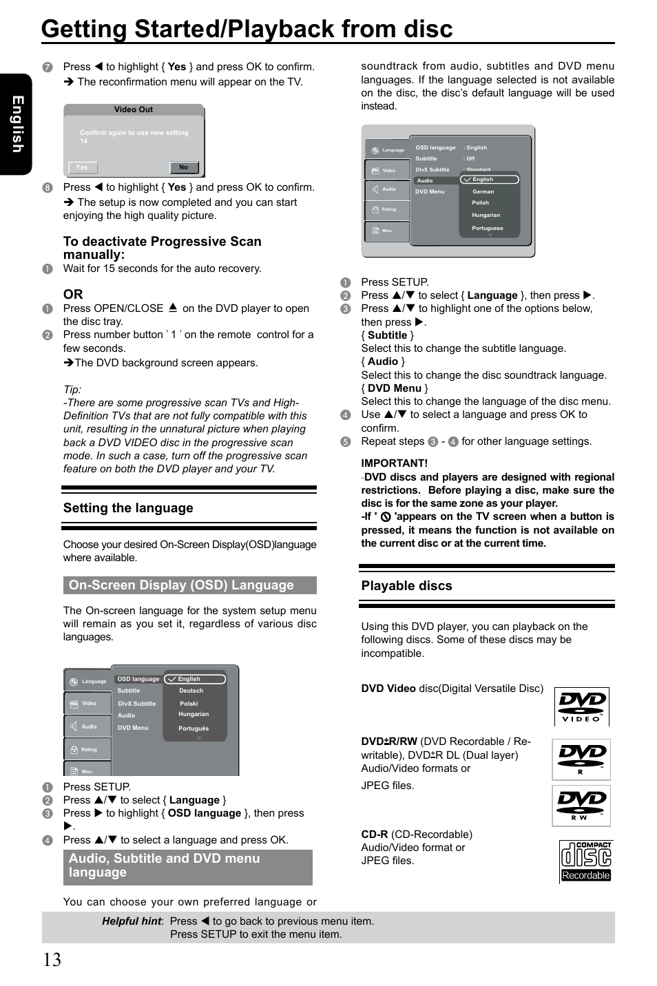 Getting started/playback from disc, Eng lis h, Setting the language | On-screen display (osd) language, Audio, subtitle and dvd menu language, Playable discs | Toshiba SD-185 User Manual | Page 14 / 27