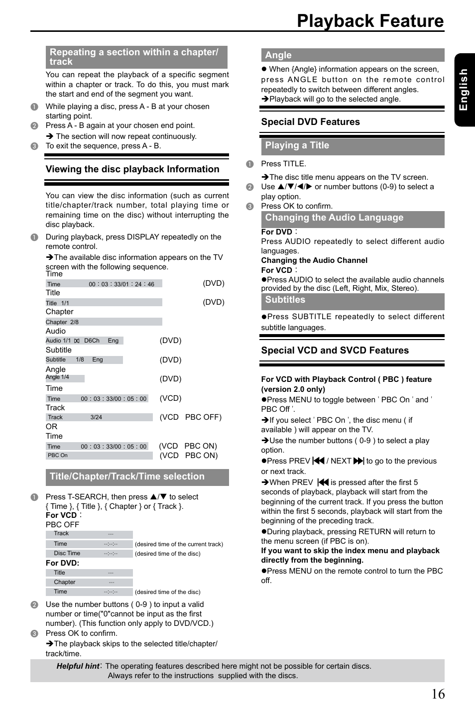 Playback feature, Eng lis h, Viewing the disc playback information | Title/chapter/track/time selection, Angle, Special dvd features, Playing a title, Changing the audio language, Subtitles, Special vcd and svcd features | Toshiba SD-185 User Manual | Page 17 / 27