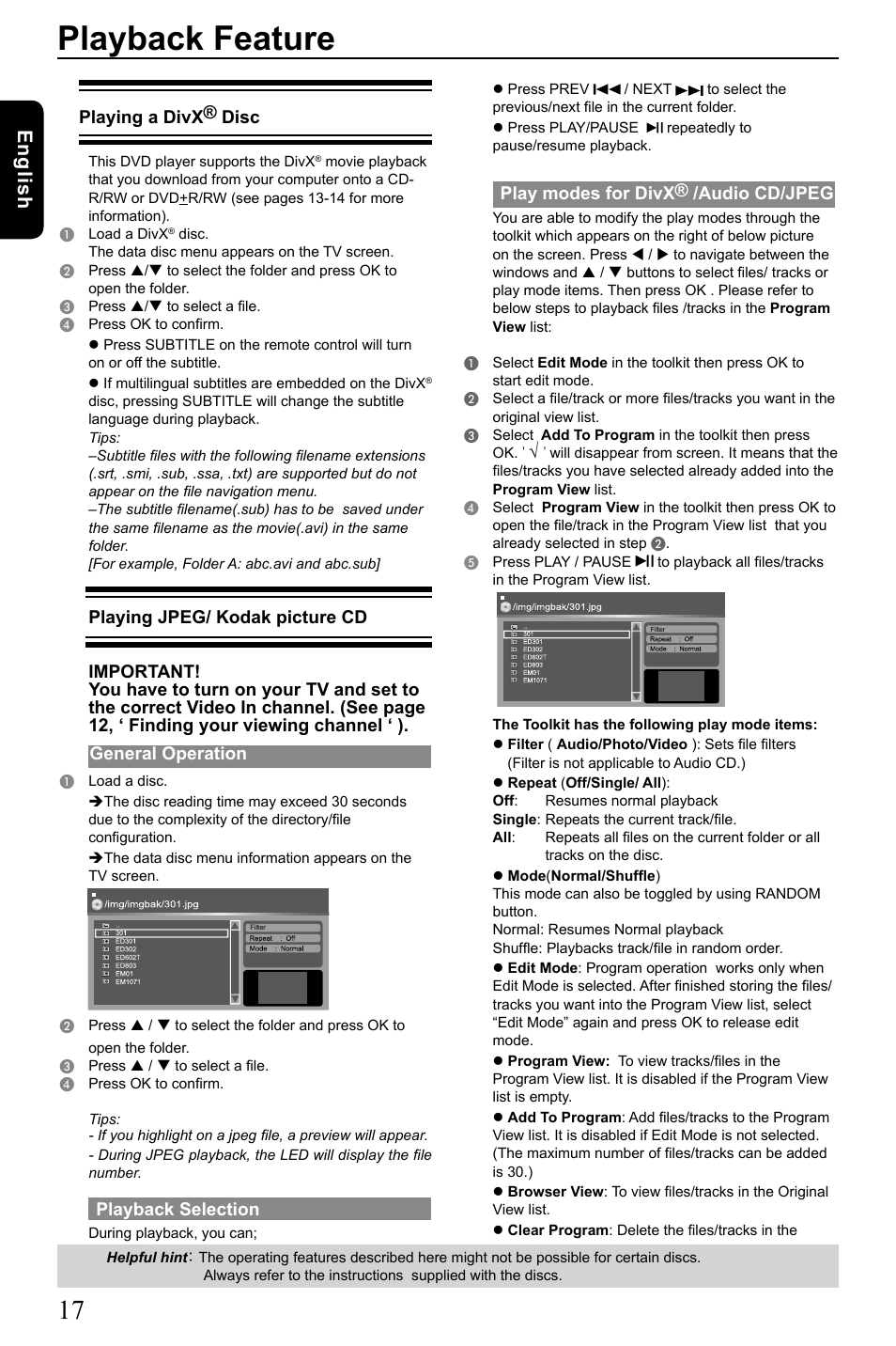 Playback feature, Eng lis h, Play modes for divx® /audio cd/jpeg | Playing a divx® disc, General operation, Playback selection | Toshiba SD-185 User Manual | Page 18 / 27