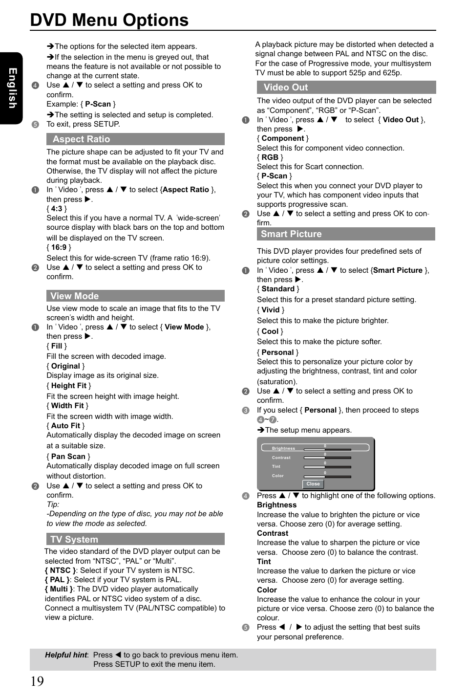 Dvd menu options, Eng lis h, Aspect ratio | View mode, Tv system, Video out, Smart picture | Toshiba SD-185 User Manual | Page 20 / 27