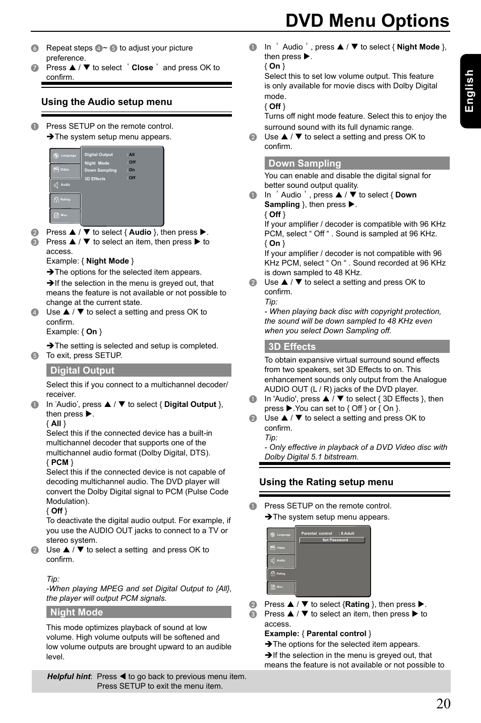 Dvd menu options, Eng lis h, Using the audio setup menu | Digital output, Night mode, Down sampling, 3d effects, Using the rating setup menu | Toshiba SD-185 User Manual | Page 21 / 27