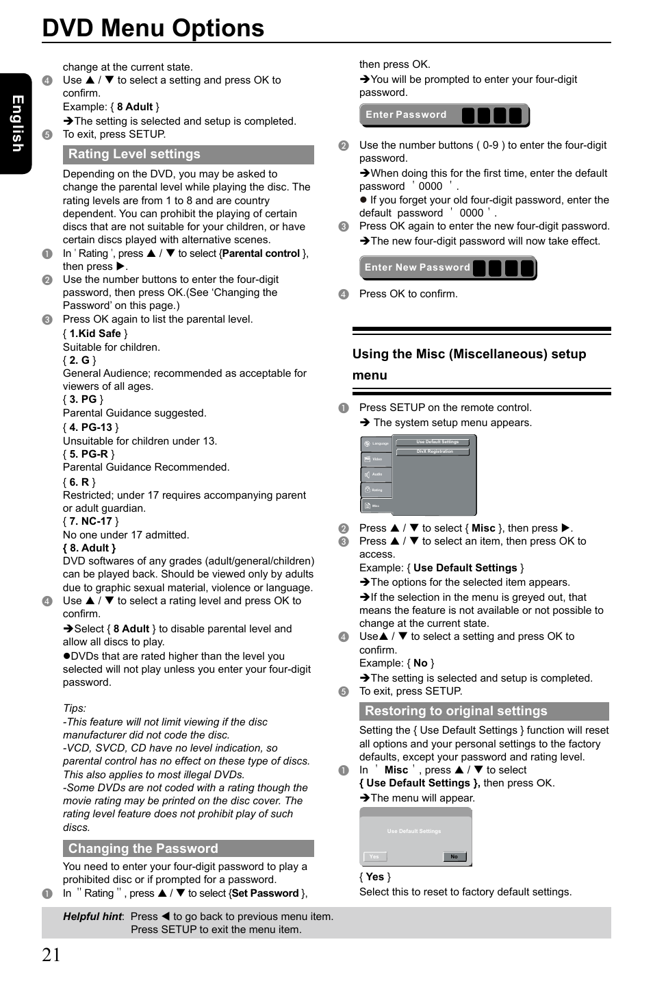 Dvd menu options, Eng lis h, Rating level settings | Changing the password, Using the misc (miscellaneous) setup menu, Restoring to original settings | Toshiba SD-185 User Manual | Page 22 / 27
