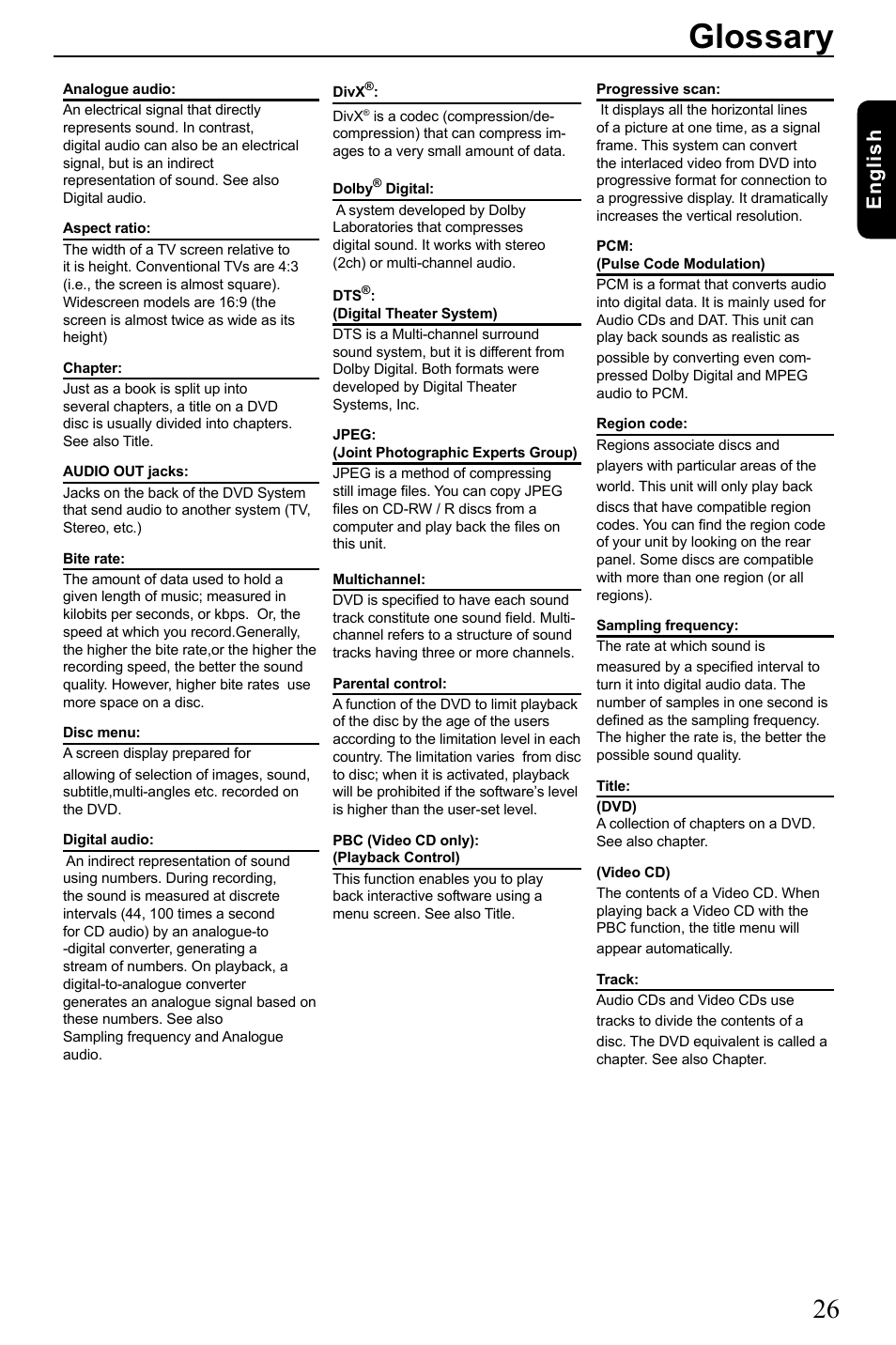 Glossary, Eng lis h | Toshiba SD-185 User Manual | Page 27 / 27