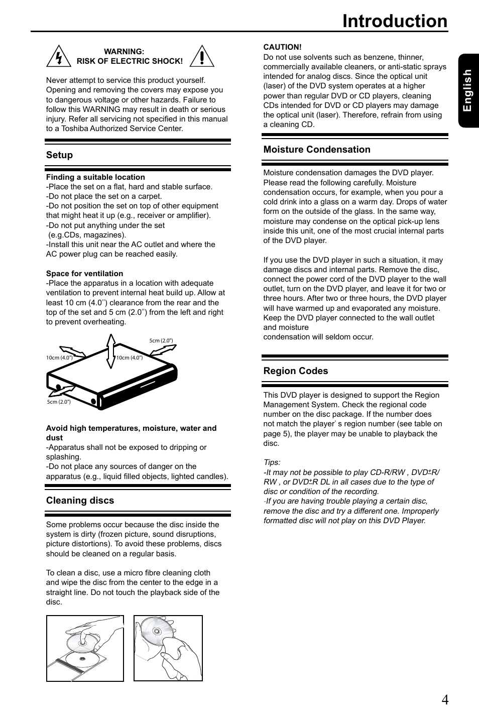 Introduction, Eng lis h, Moisture condensation | Region codes, Setup, Cleaning discs | Toshiba SD-185 User Manual | Page 5 / 27