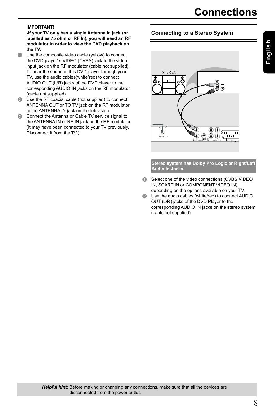 Connections, Eng lis h | Toshiba SD-185 User Manual | Page 9 / 27